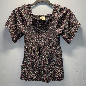 Floral Kids Blouse - Black with Multicolor Flowers